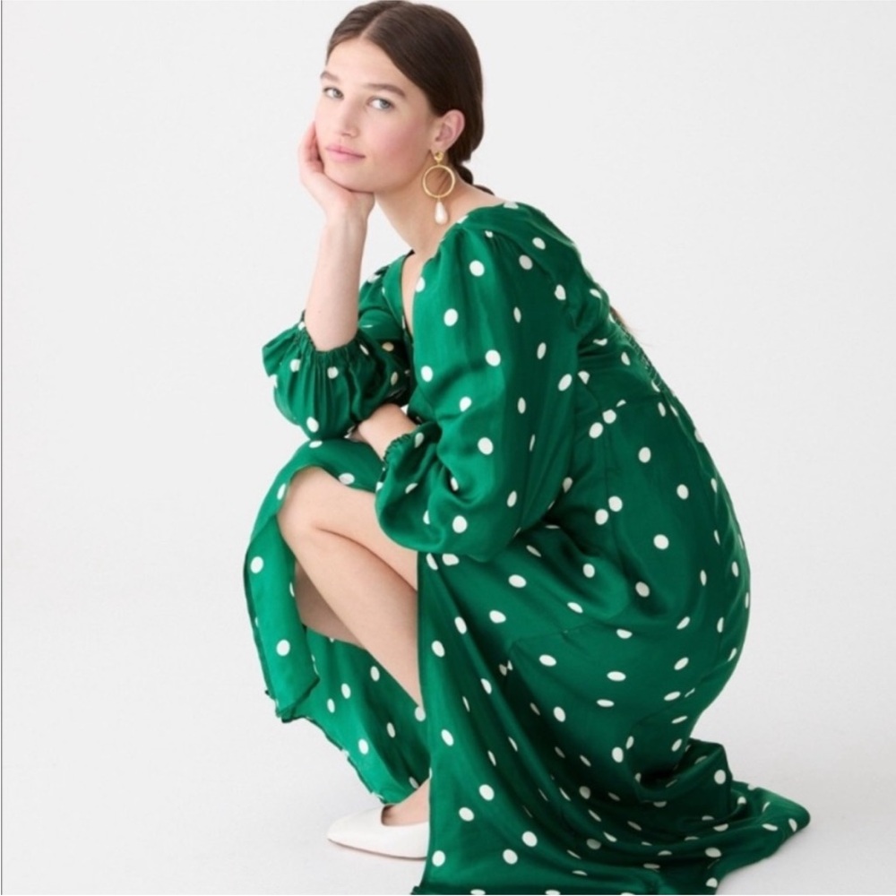 JCrew NWT Sweetheart Long-sleeve Midi Dress in Green polka dot, size 18 - Picture 4 of 7